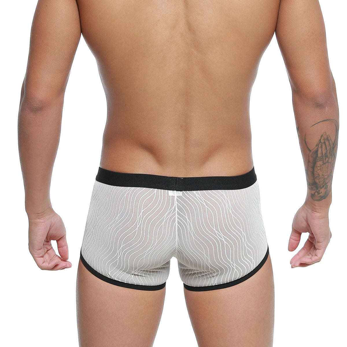 MetroMalewear iberico trunk ivory sheer white boxer briefs with black trim and wavy line pattern
