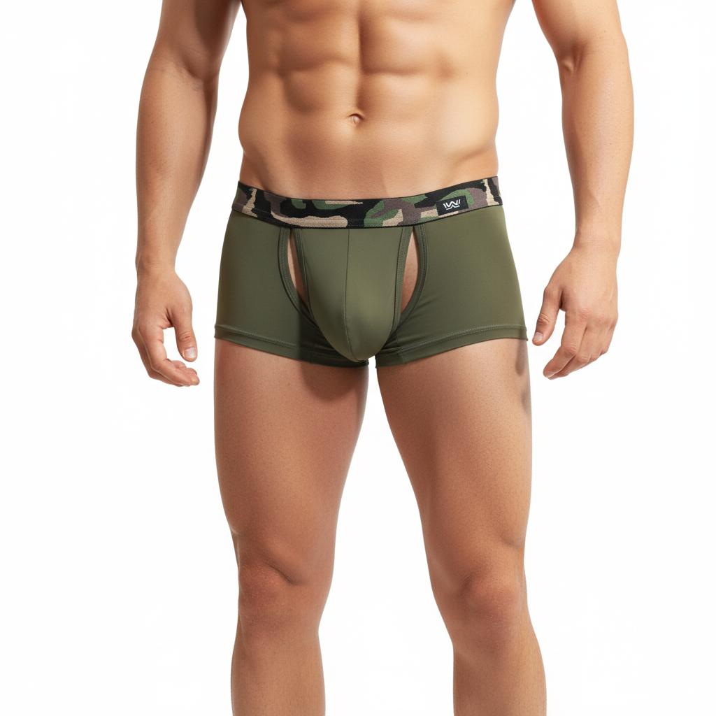 Olive green mens boxer briefs metro malewear filamento trunk with camouflage waistband and black logo