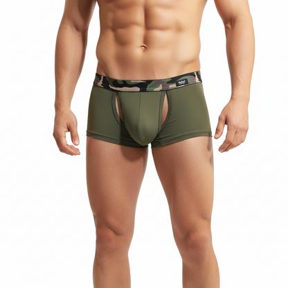 Olive green mens boxer briefs metro malewear filamento trunk with camouflage waistband and black logo