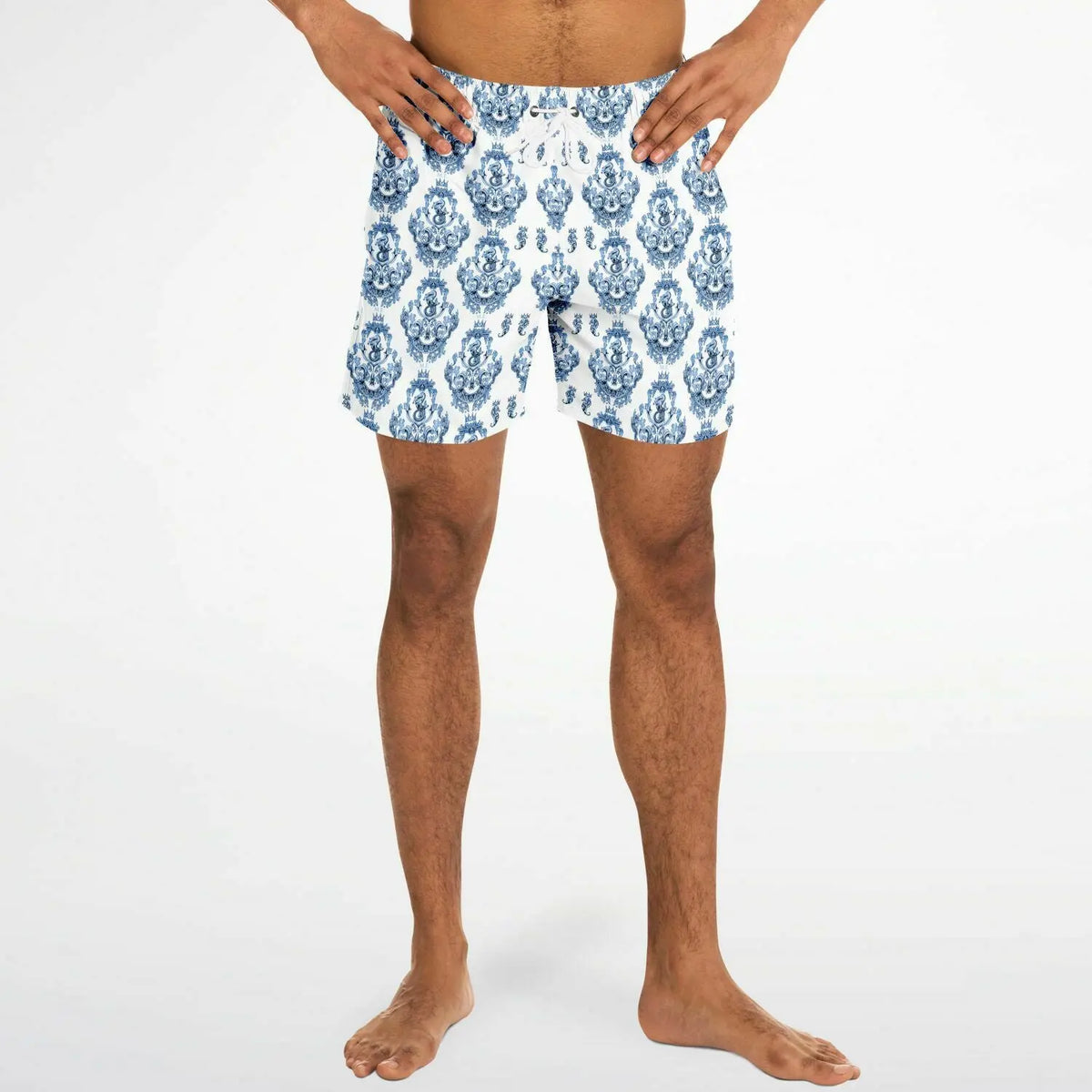 Men's swim shorts in blue and white baroque pattern made by Maris Equi featuring an elastic waistband and relaxed fit.