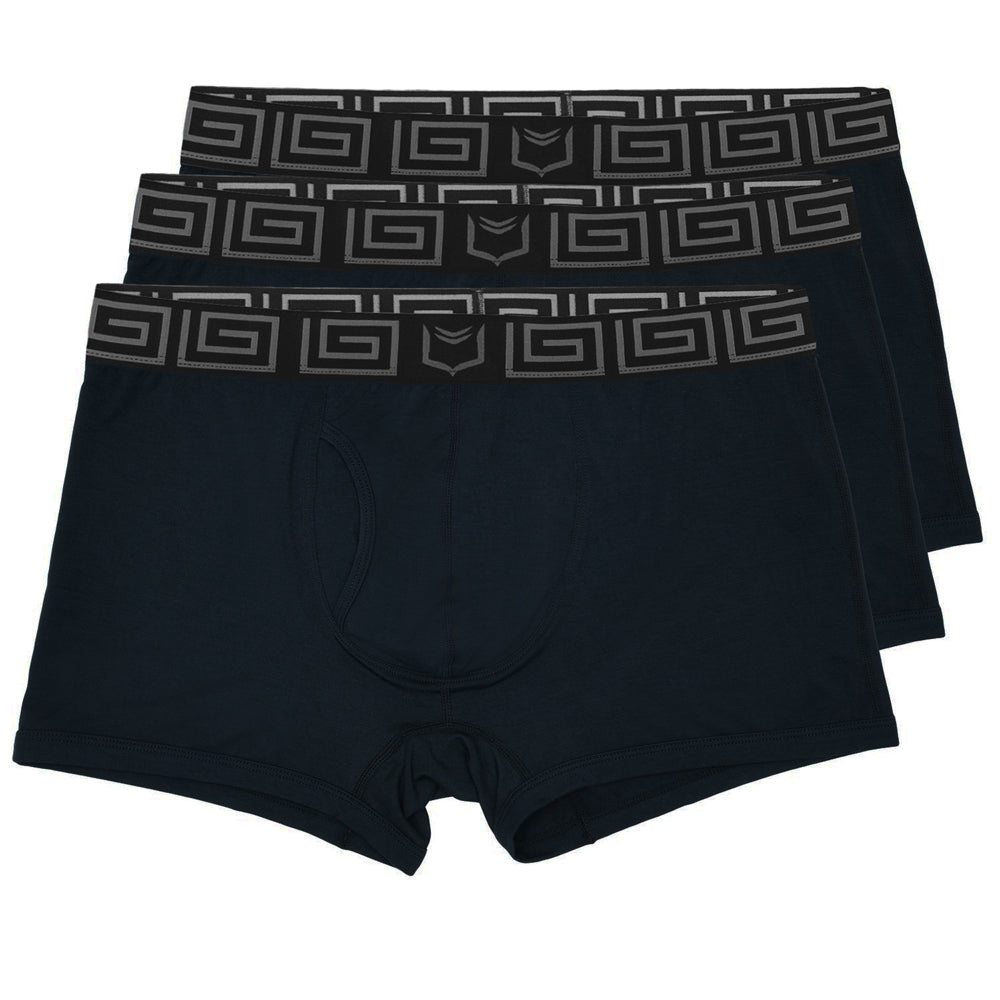 Shea 2.1 bamboo men’s dual pouch trunks black boxer briefs with gray geometric patterned waistband