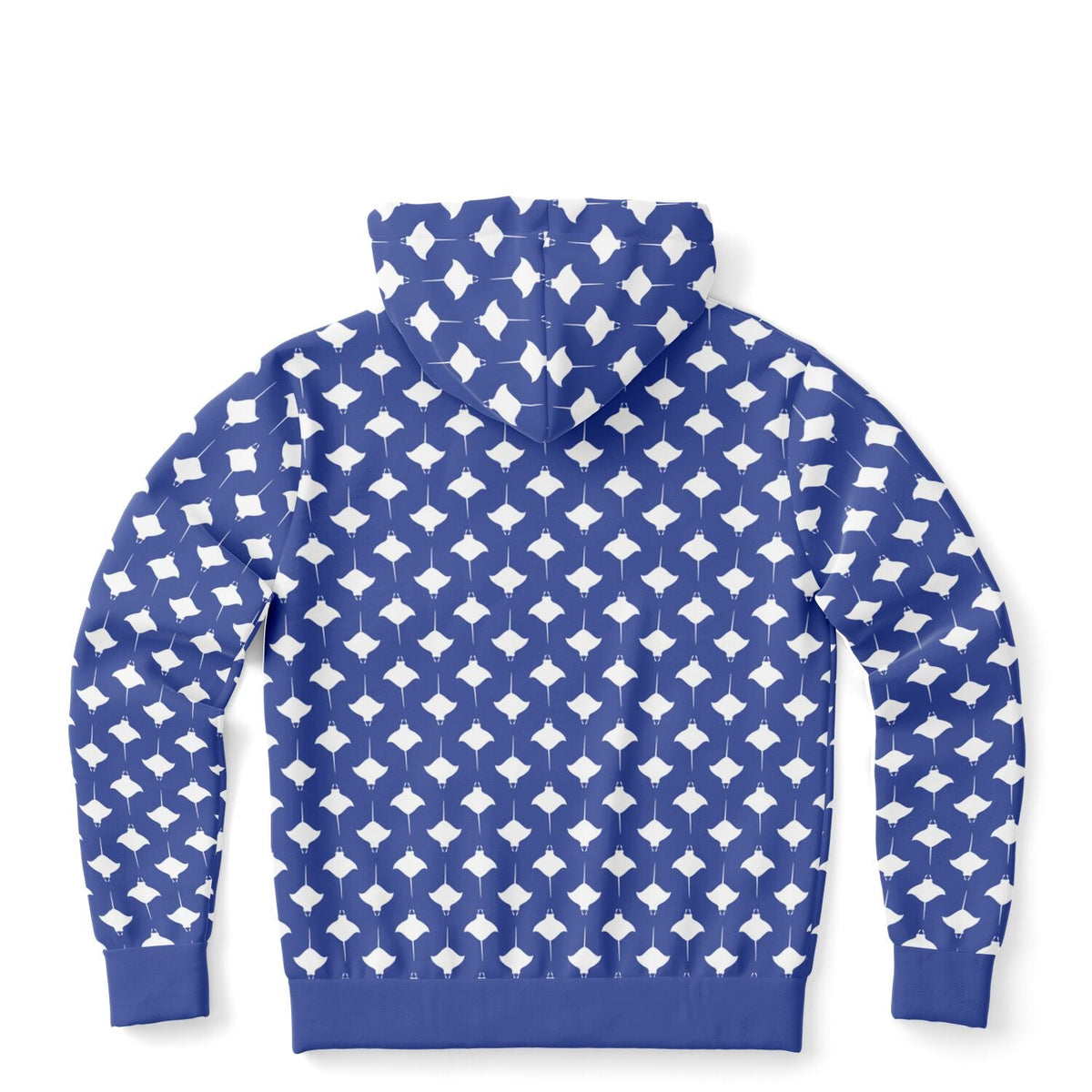 Blue zip-up hoodie with manta ray pattern made of cotton blend designed by Maris Equi featuring a hood and long sleeves.