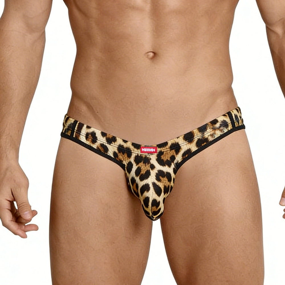 Leopard-print men’s thong with black trim and red metro malewear brand tag from the cannon thong animal 2202-60 collection