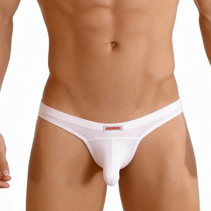 White men’s thong with a red and black logo waistband from MetroMaleWear Cannon Jock Strap nude 2201-02