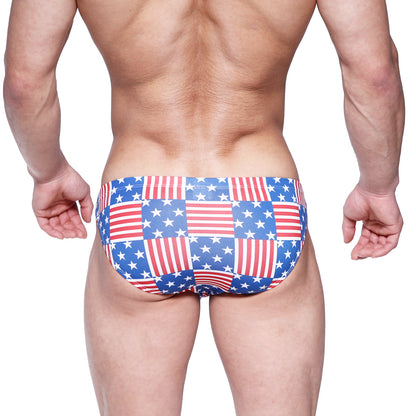 MetroMaleWear Cannon hip brief swim trunks with american flag patchwork in red white and blue for men