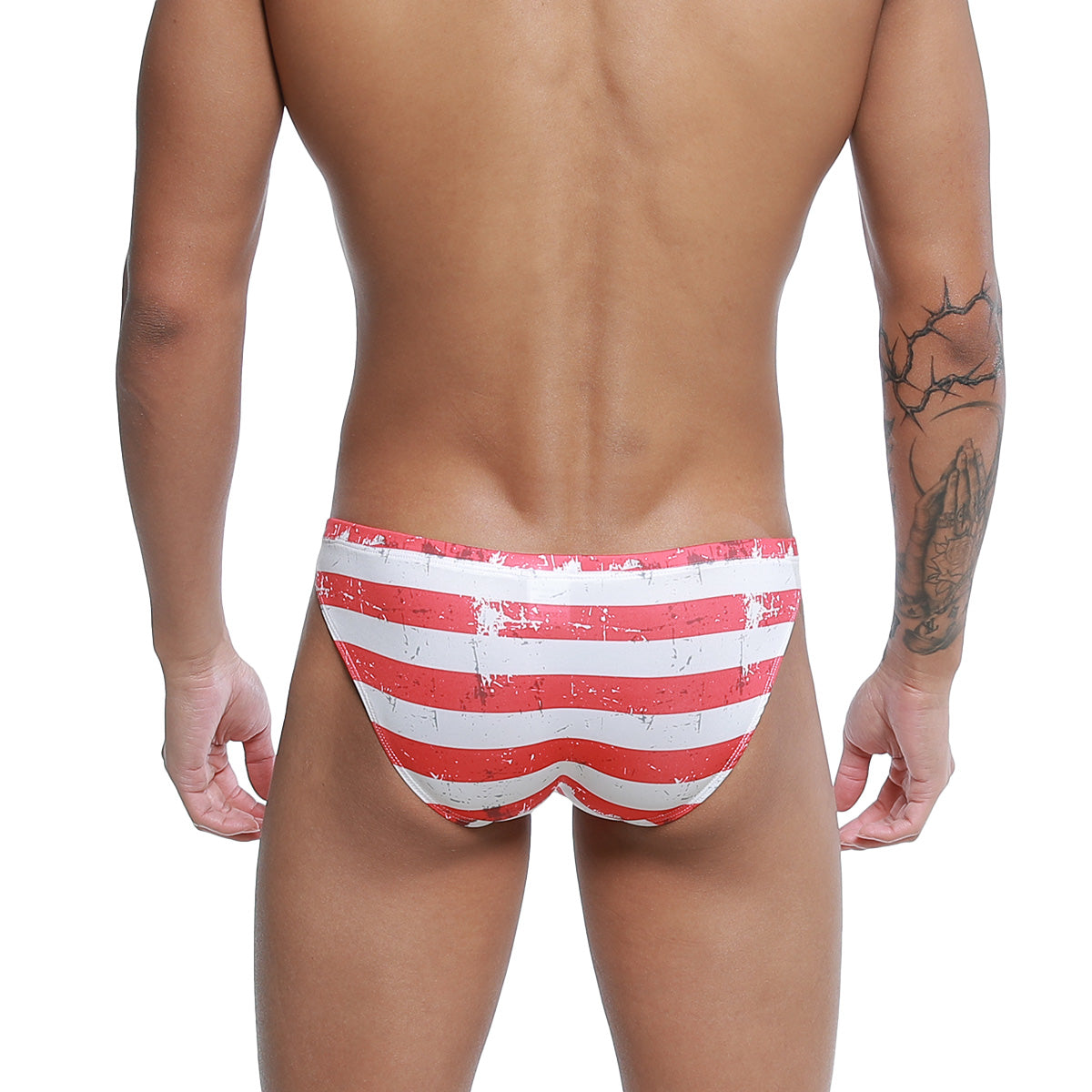 Metro male wear cannon hip brief batalla 2203-92 red and white striped swim trunks with a distressed vintage look