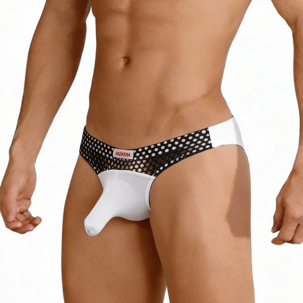 MetroMalewear cannon hip brief contrast white 2203C-00 black and white polka dot mesh with solid white front panel and mawon label