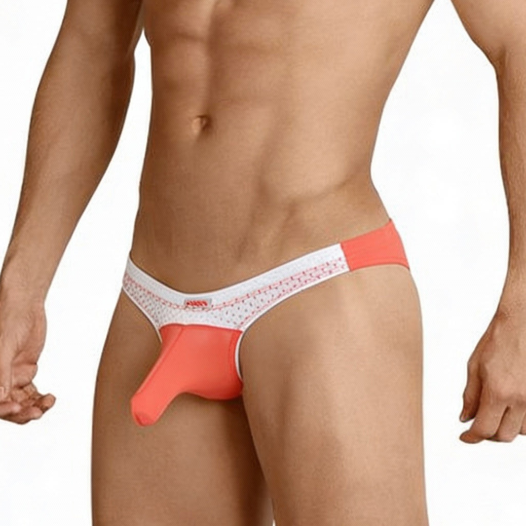 Coral and white patterned metro male wear cannon hip brief with supportive molded design in breathable fabric