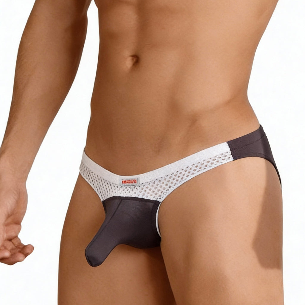 Black and white mesh MetroMaleWear Cannon hip brief with solid black pouch and Madara branded waistband