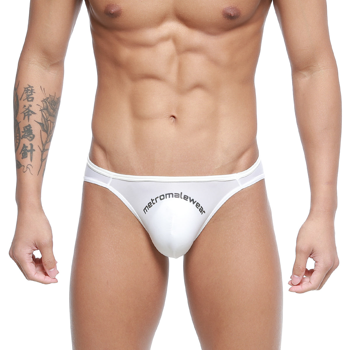 White MetroMaleWear Arc bikini thong with black branding on front made from soft stretch fabric
