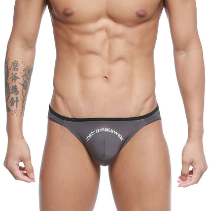 Gray metro malewear arc bikini briefs with black trim and white branding comfortable charcoal fabric