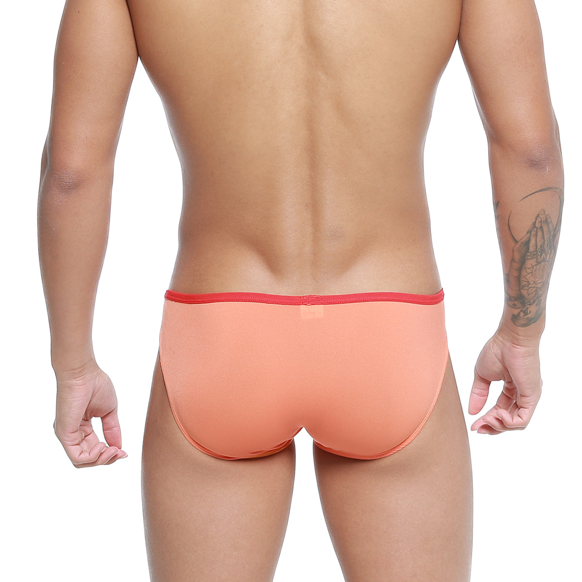 Metro malewear over-limit bikini briefs in coral with a red elastic waistband for comfortable daily wear