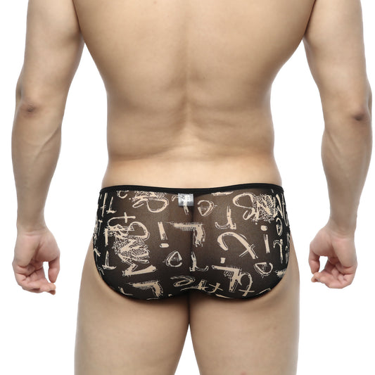 Black sheer mesh MetroMaleWear over-limit bikini briefs with bold white graffiti-style lettering and symbol pattern