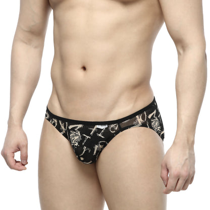 MetroMaleWear over-limit bikini black briefs with white graphic pattern and sheer mesh detailing front view