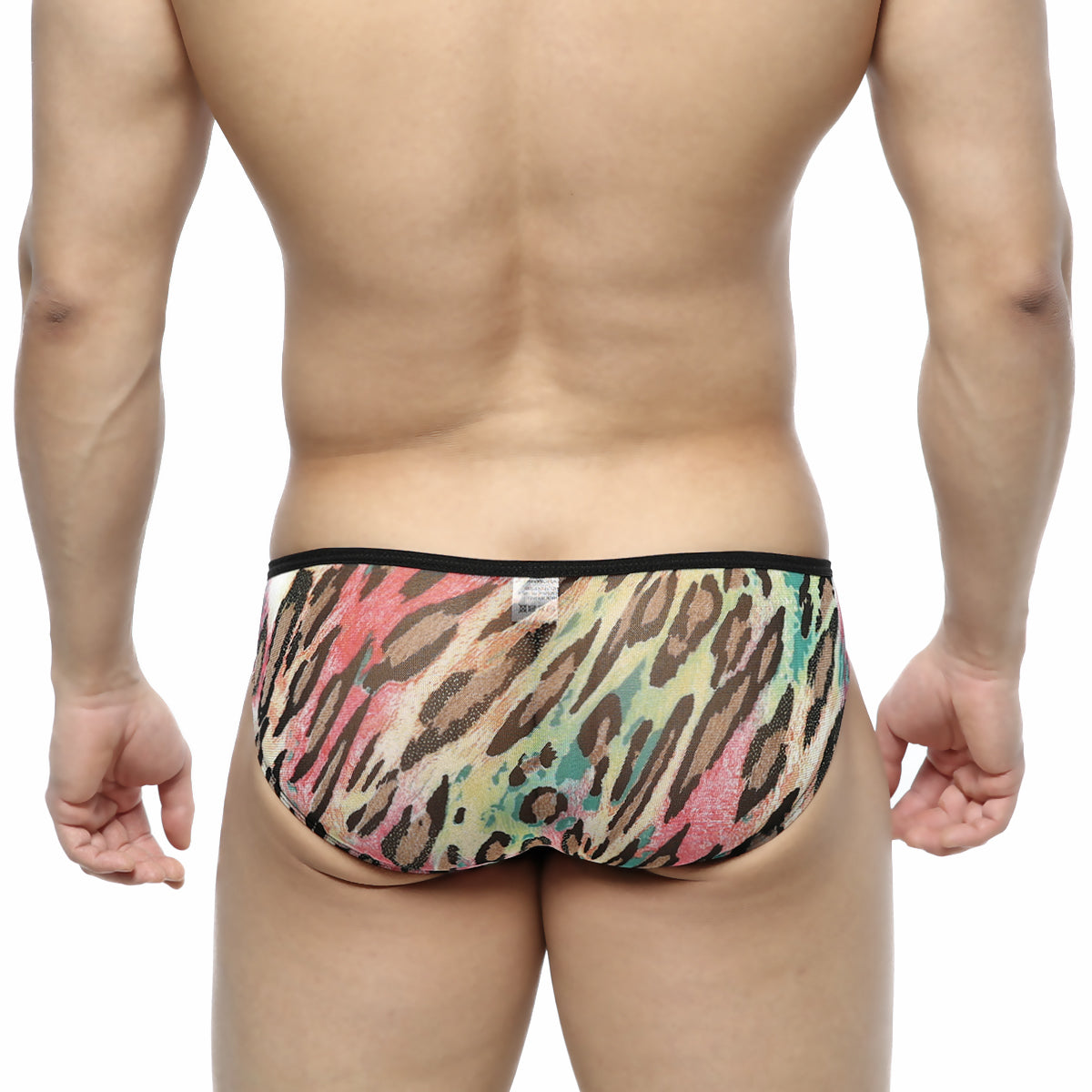 MetroMaleWear Over-Limit bikini orange men’s briefs in multicolored leopard print with black waistband