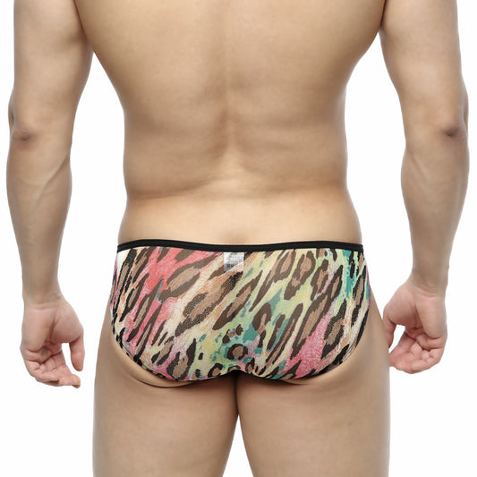 MetroMaleWear Over-Limit bikini orange men’s briefs in multicolored leopard print with black waistband
