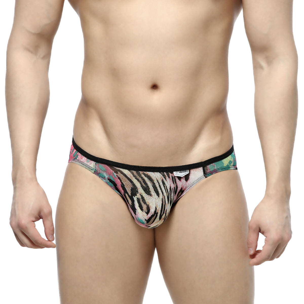 Metro male wear over-limit bikini brief with vibrant pink green and black tiger stripe pattern on beige base