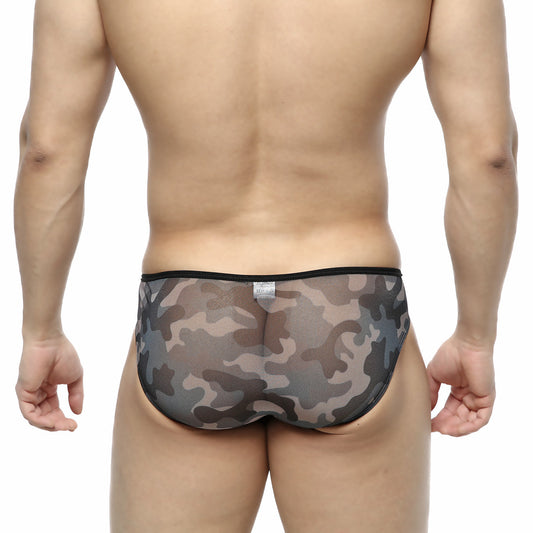 MetroMaleWear Over-Limit bikini gray gray and black camouflage sheer mesh briefs with solid black waistband front view