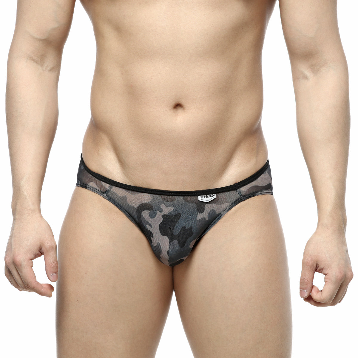 MetroMalewear over-limit bikini gray mesh briefs with black and gray camouflage pattern and solid black waistband