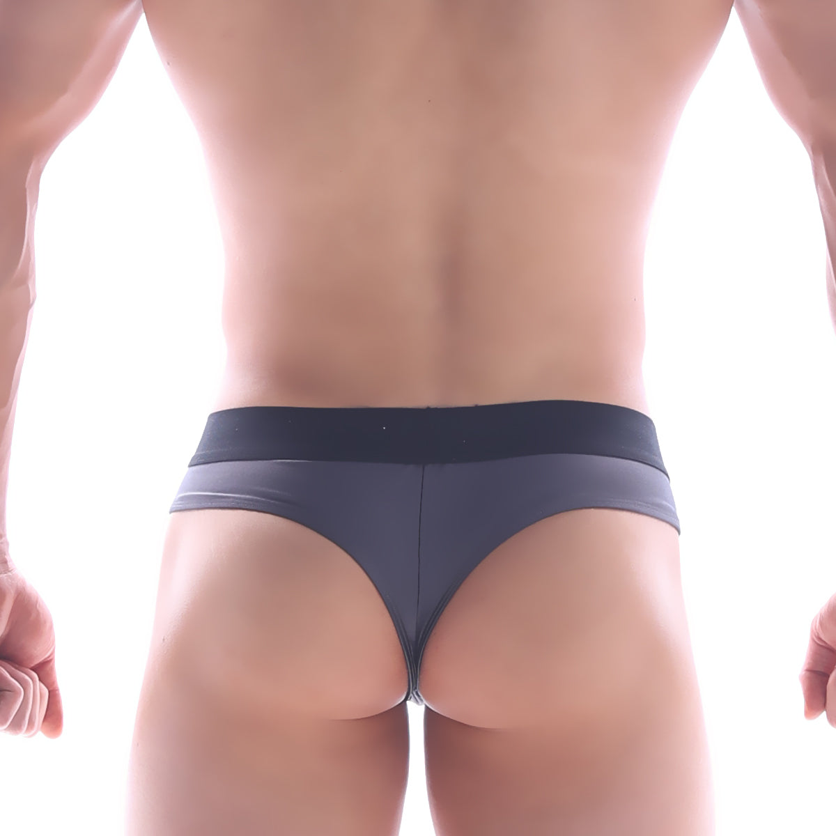 Dark gray sleek form-fitting thong with wide waistband from metromalewear in charcoal 2212-11