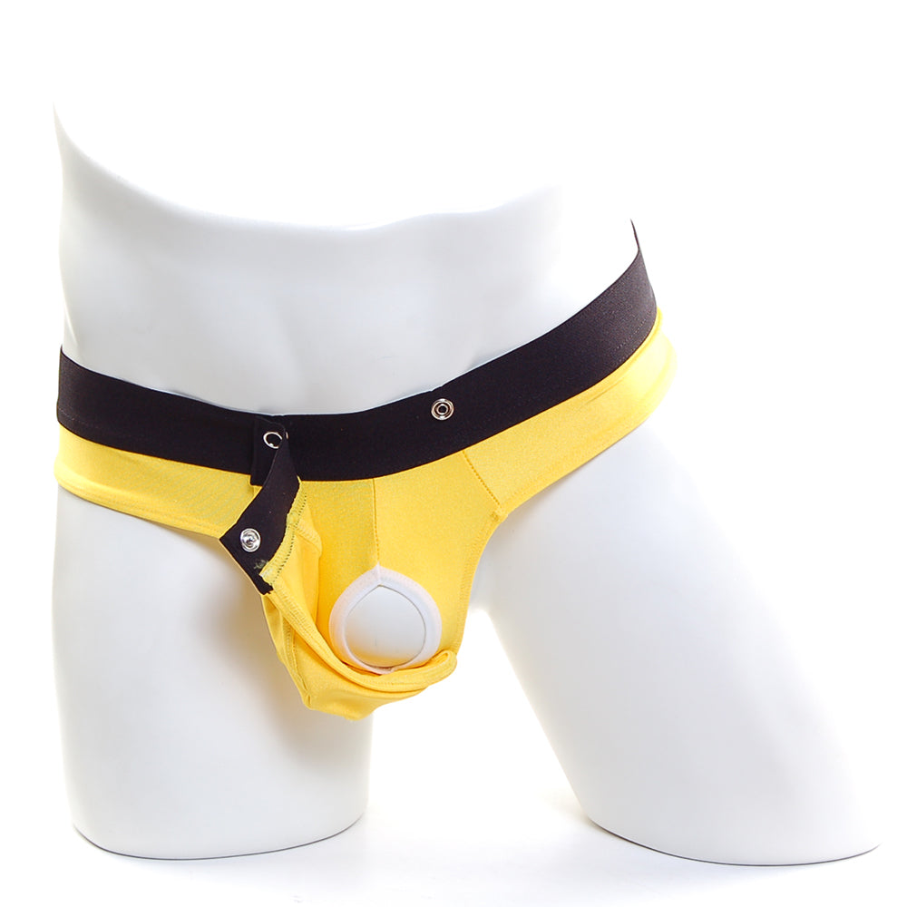Yellow and black mens briefs with white circular detail front metro male wear snap thong mango 2212-15