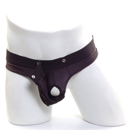 Metro male wear snap thong black with wide waistband and silver toned snap closures shown from the back side