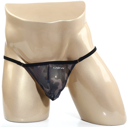 Black mesh thong with subtle camouflage pattern and thin elastic waistband featuring m2w logo by metromalewear cobra string camo 2214-61