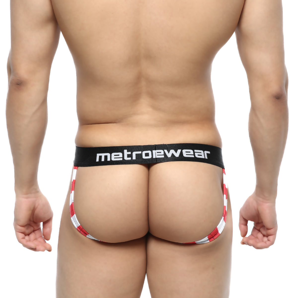 Red and white striped metroewear men’s briefs with black waistband featuring metroewear logo for comfortable fit