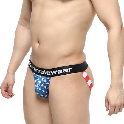 Blue and white star-patterned american flag-themed mens briefs with black metromalewear waistband modelo 2221-92