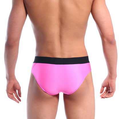 Bright pink MetroMaleWear snap brief with black waistband designed for comfort and style
