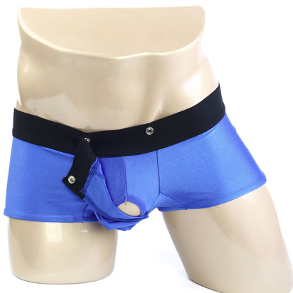 Blue satin briefs with black elastic waistband and snap closures from metromalewear snap trunk royal 2223-18
