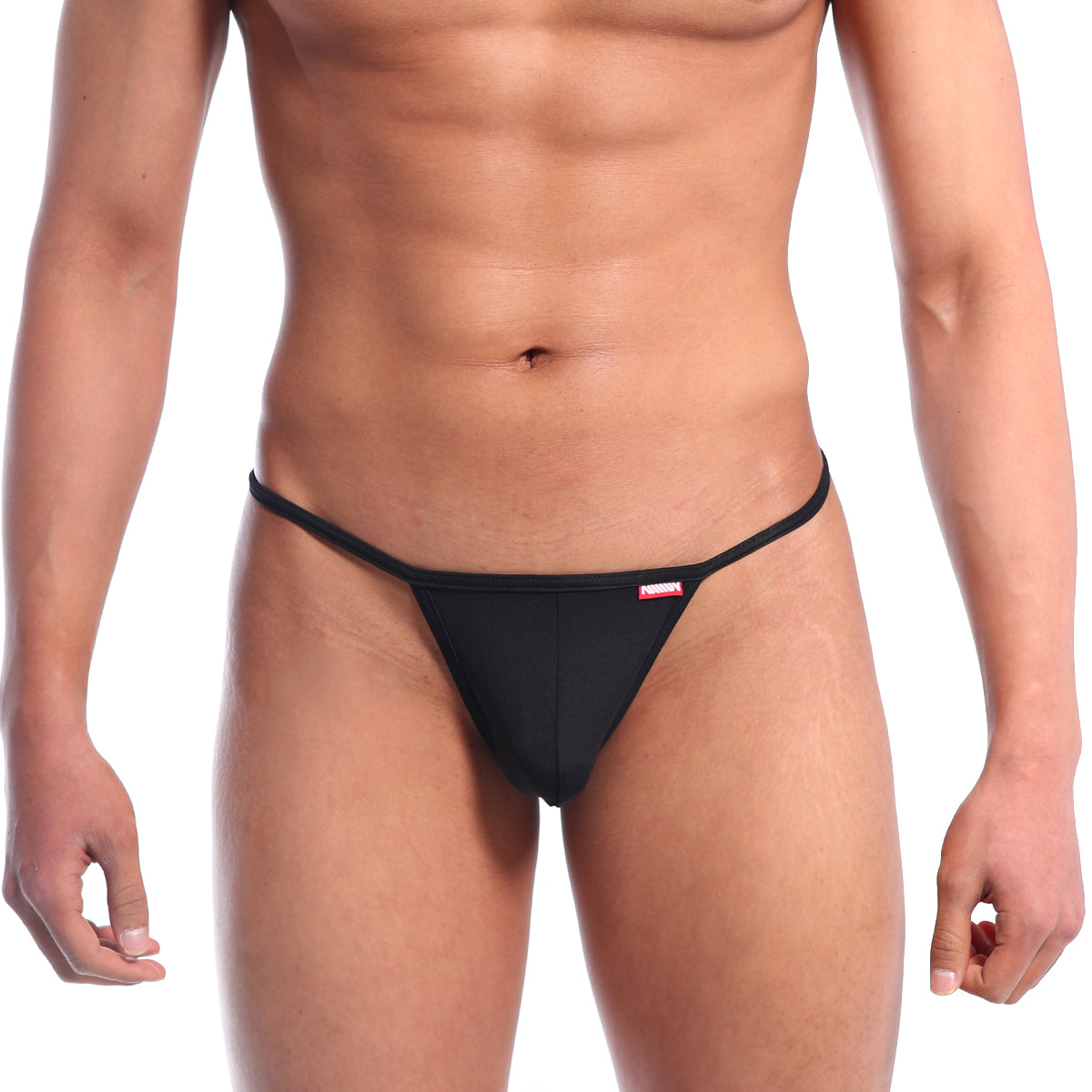 Black thong with a thin elastic waistband and red brand tag on the side from metromalewear v bikini black 2225-20