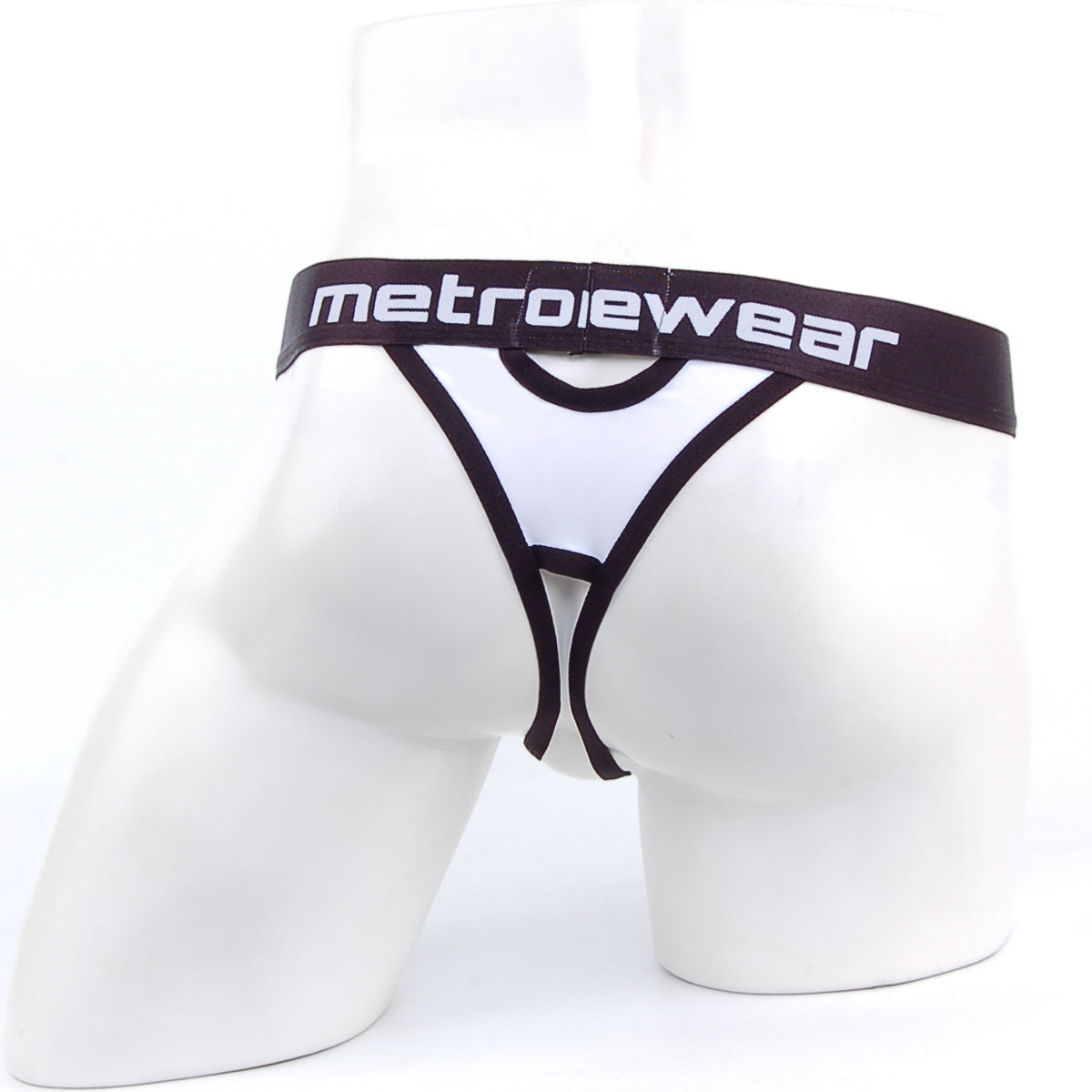 White and black metrowear peek-a-boo thong with bold contrasting design and mesh fabric for stylish male wear