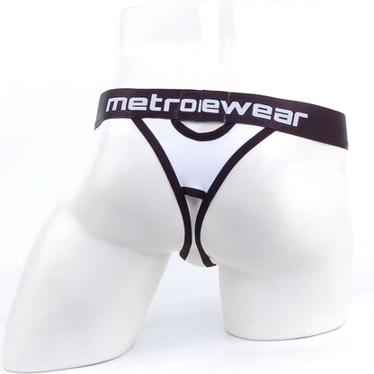 White and black metrowear peek-a-boo thong with bold contrasting design and mesh fabric for stylish male wear