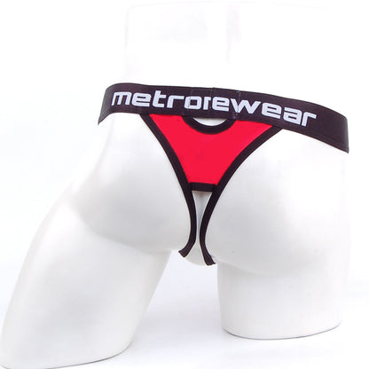 Red and black metrowear peek-a-boo thong with bold contrasting design highlighting its unique style and fit