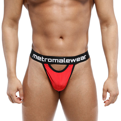 Red and black metromalewear peek-a-boo thong with bold contrasting design showing the back side of the product