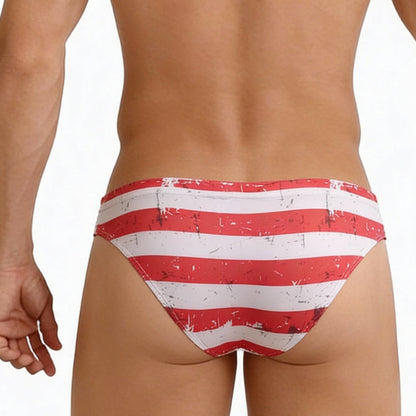 MetroMaleWear USA Castro brief 2233-90 red and white striped swim trunks with distressed vintage flag design