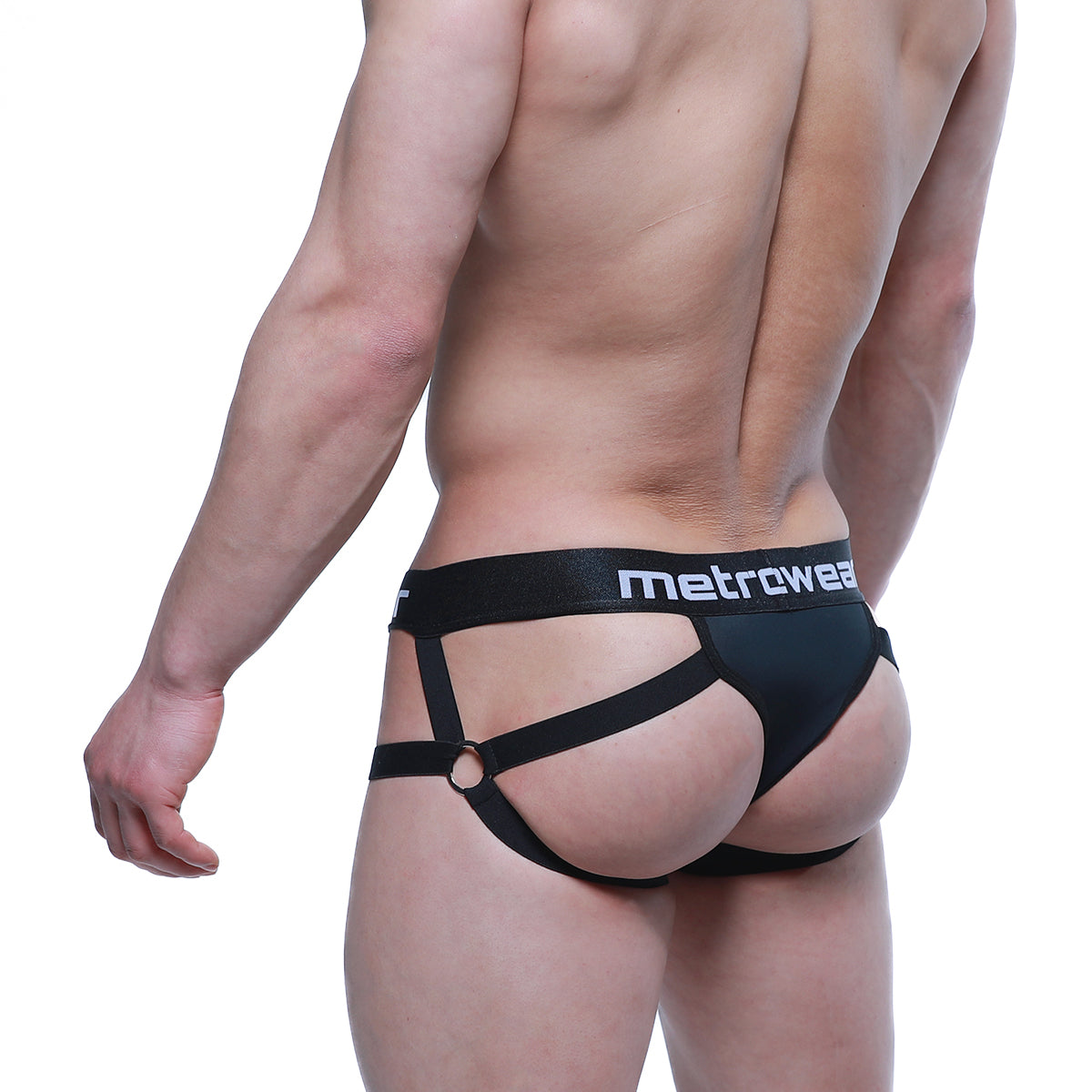 Black metrowear calypso jock thong men’s briefs with strappy harness design and central ring in black