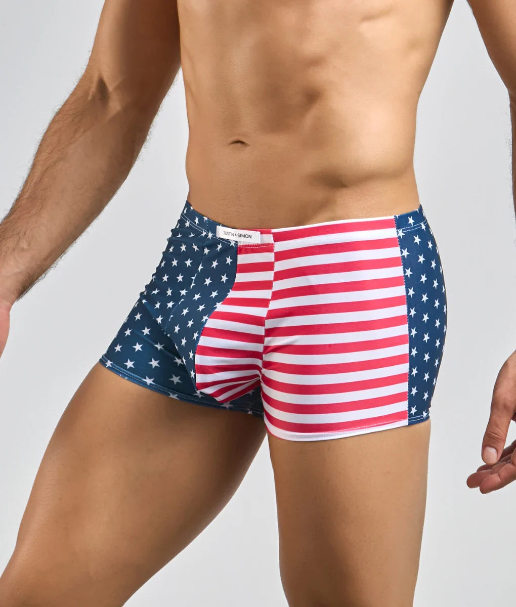 Justin + Simon classic boxer briefs with American flag design featuring red and white stripes and blue stars sides
