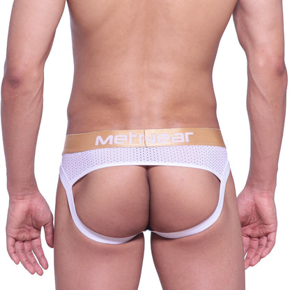 White mesh briefs with tan waistband featuring metwear logo from metromalewear speed jock strap 2301-00