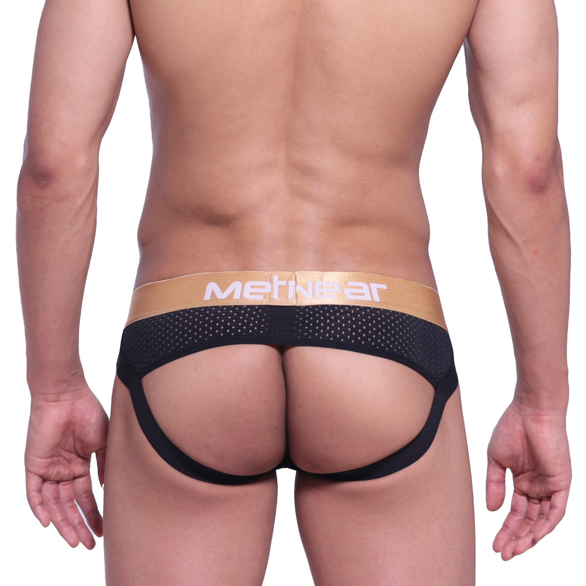 Black mesh briefs with gold metnwear logo waistband from metromalewear speed jock strap black 2301-20