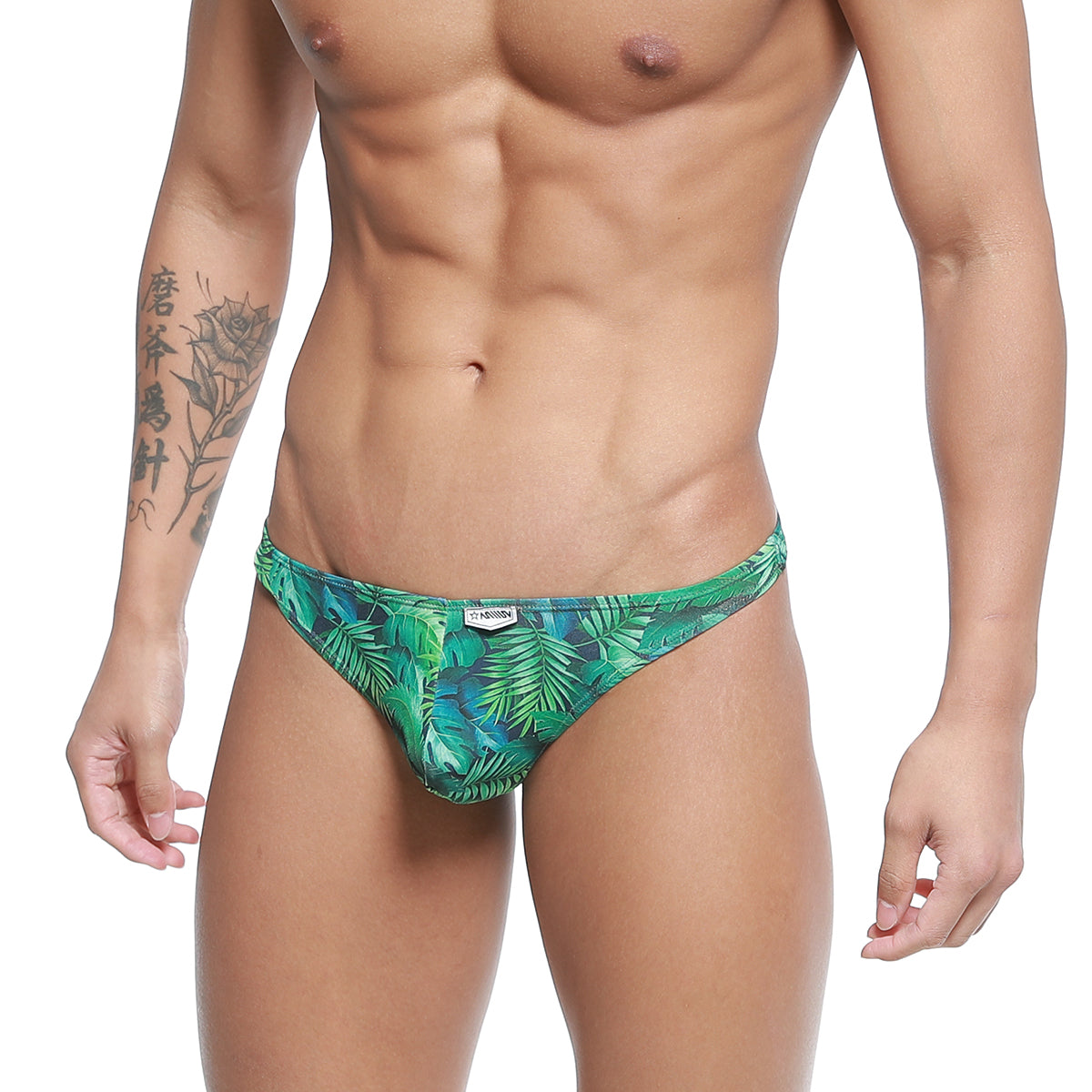 Metro male wear pouch thong jungle 2302-02 green tropical leaf patterned men’s briefs showing front side
