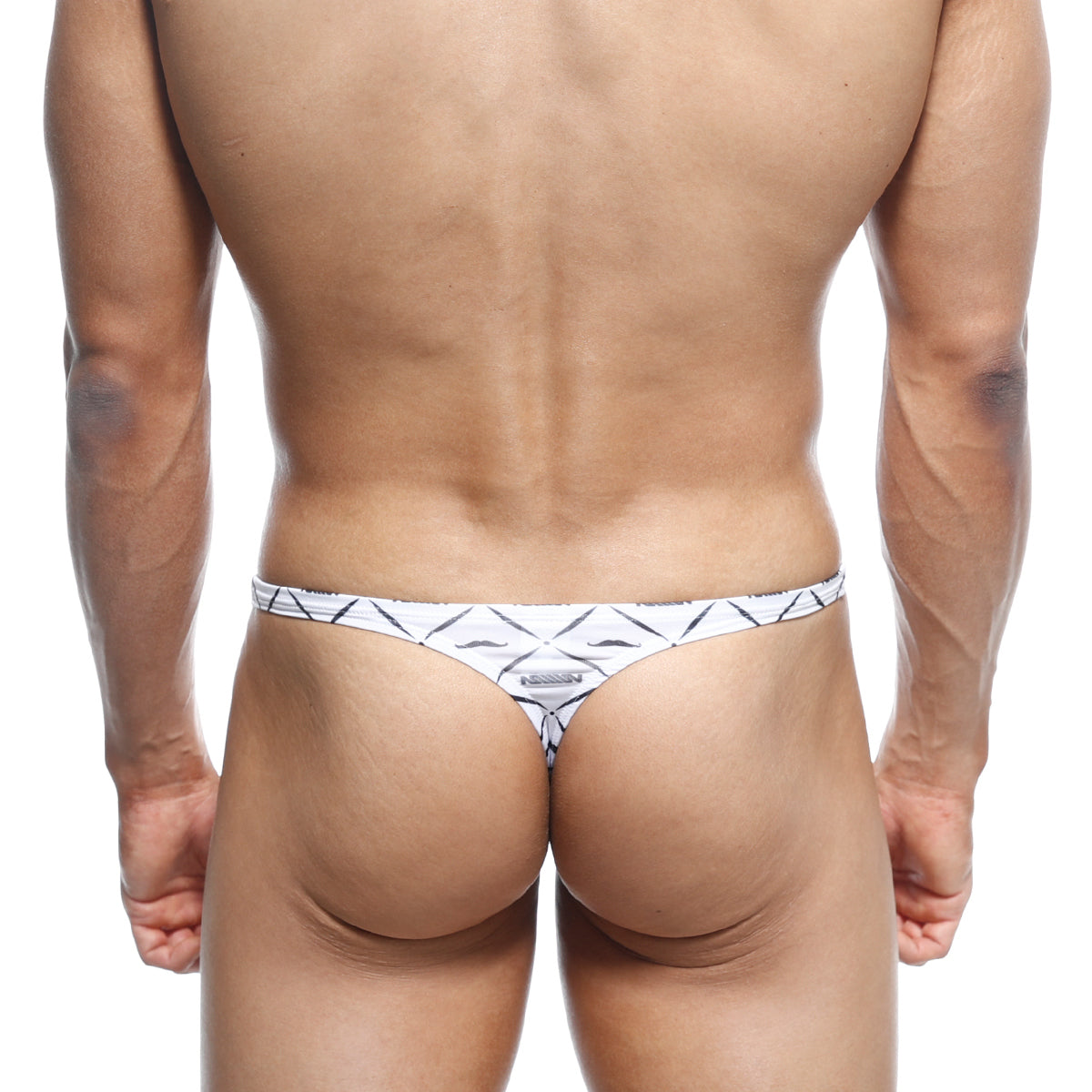 Metro male wear pouch thong caballero 2302-03 white thong with black geometric pattern and small metallic logo center
