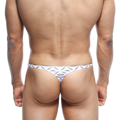 Metro male wear pouch thong caballero 2302-03 white thong with black geometric pattern and small metallic logo center