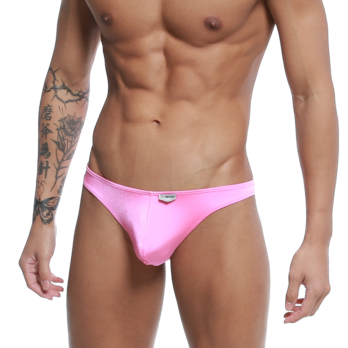 Metro male wear pouch thong pink shiny fabric briefs with metallic logo on waistband front view