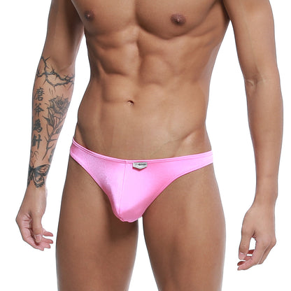 Metro male wear pouch thong pink shiny fabric briefs with metallic logo on waistband front view