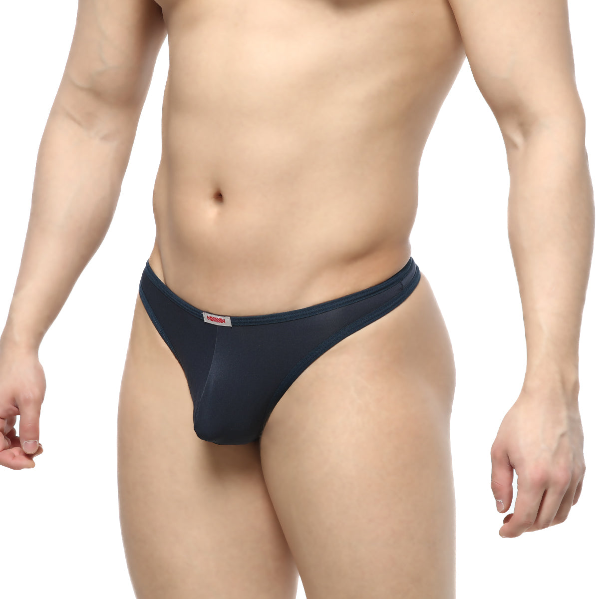 NavymaleWear pouch thong in navy blue sheer mesh with a small red and white brand tag on the waistband