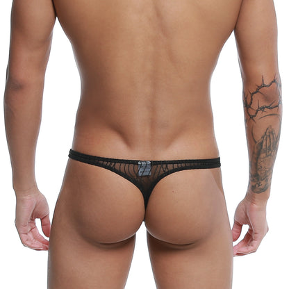 Black sheer lace thong with subtle pattern and small metallic tag at back by metromalewear pouch thong bruma 2302-30