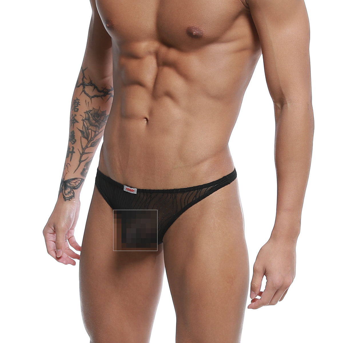 MetroMaleWear pouch thong Bruma 2302-30 black sheer mesh briefs with red and white brand tag on waistband