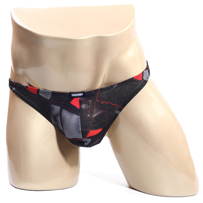 MetroMaleWear Espejo Thong 2302-73 black and red geometric mesh fabric men’s briefs front view